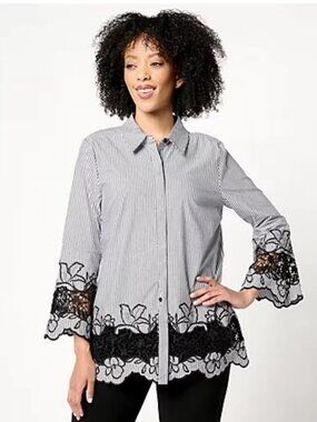 Dennis Basso Women's Vertical Stripes Lace Trim Embroidery Top Plus Size 1X